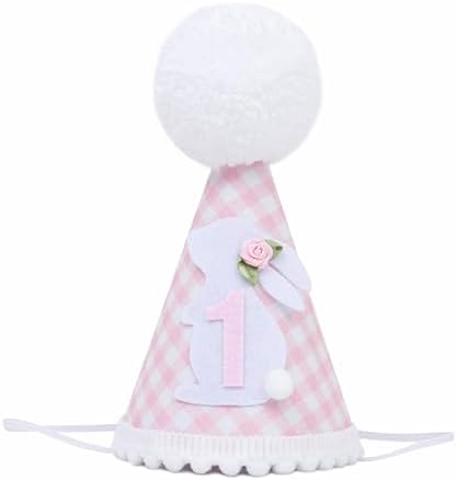 Bunny 1st Birthday Hat for Girls Pink Gingham Party Headwear