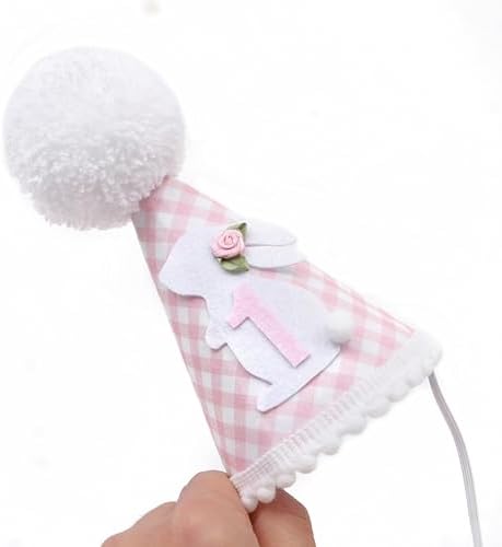 Bunny 1st Birthday Hat for Girls Pink Gingham Party Headwear