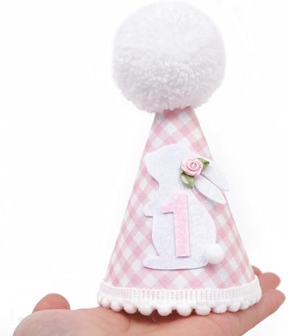 Bunny 1st Birthday Hat for Girls Pink Gingham Party Headwear