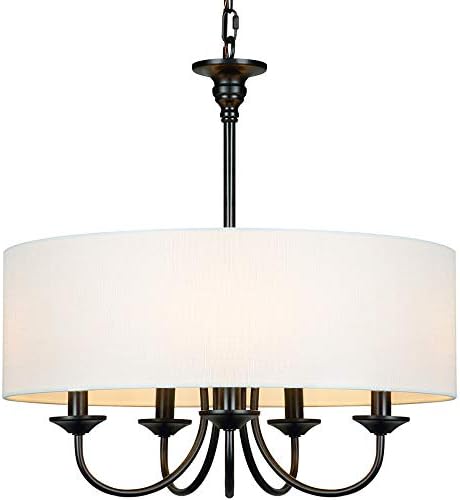 TA Traditional 5 Light Chandelier with White Linen Drum Shades