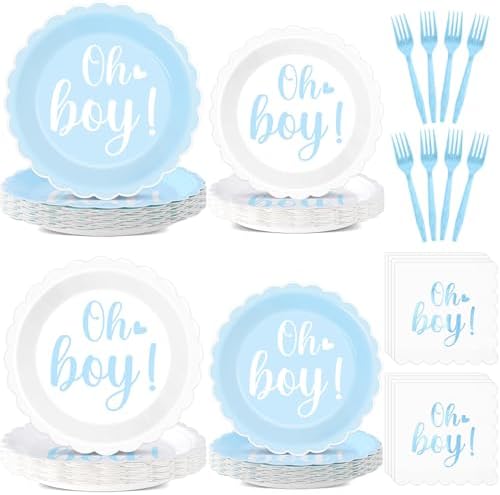 Oh Boy Baby Shower Decorations Blue Foil Plates Napkins Set