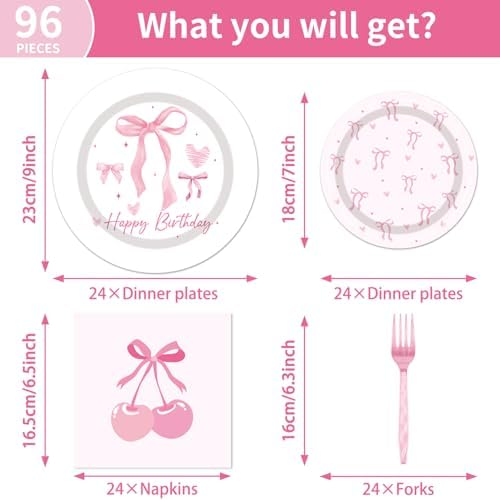 Pink Bow Party Tableware Set 96PCS for 24 Guests