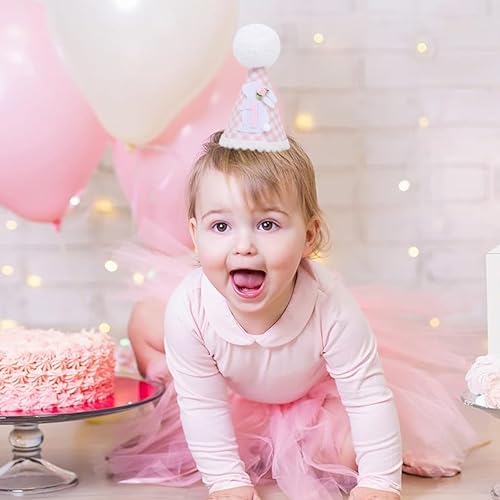 Bunny 1st Birthday Hat for Girls Pink Gingham Party Headwear