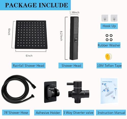 6 Inch Square High Pressure Rain Shower Head with Handheld Spray Combo