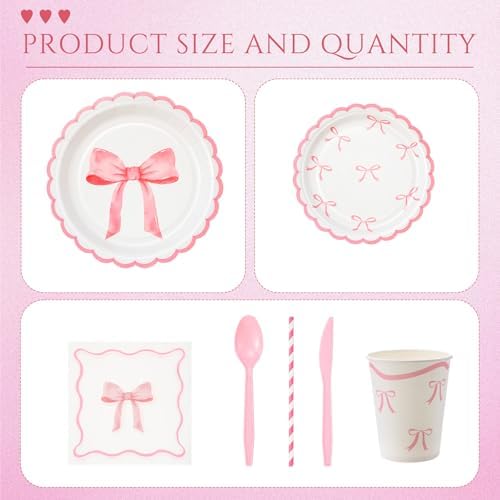 192 Pcs Pink Bow Party Tableware for 24 Guests