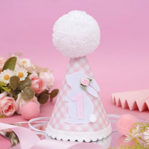 Bunny 1st Birthday Hat for Girls Pink Gingham Party Headwear