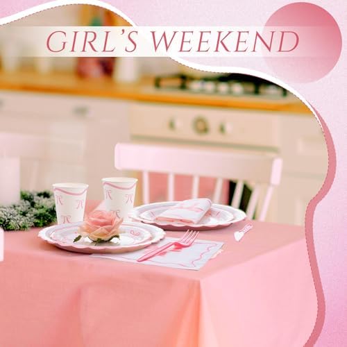 192 Pcs Pink Bow Party Tableware for 24 Guests