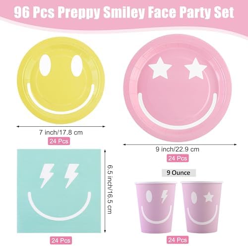 96 Piece Preppy Smiley Face Party Plates Set