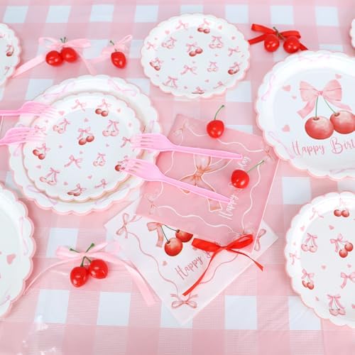 Cherry Birthday Decor Plates Bow Napkins Cups Set