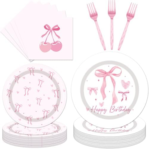 Pink Bow Party Tableware Set 96PCS for 24 Guests