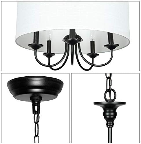 5 Light Traditional Chandelier with White Linen Drum Shade Black and White