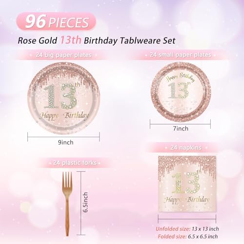 13th Birthday Rose Gold Decor Plates Napkins Forks Set