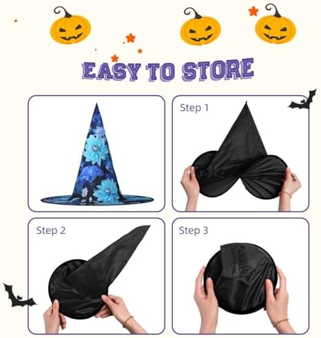 Witch Hats Halloween Cone Wizard Hat Blue Flowers Costume