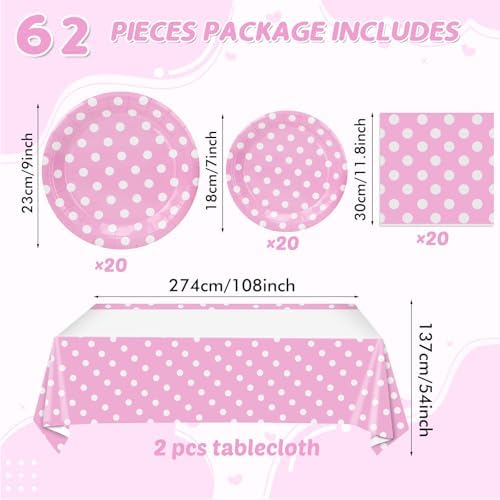 62Pcs Birthday Party Decorations Pink Polka Dots Minnie Mouse Theme
