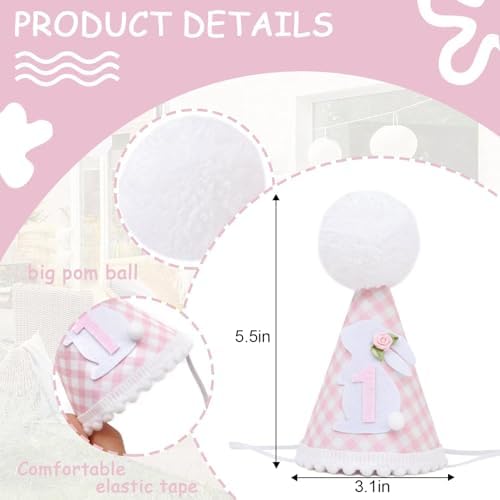 Bunny 1st Birthday Hat for Girls Pink Gingham Party Headwear