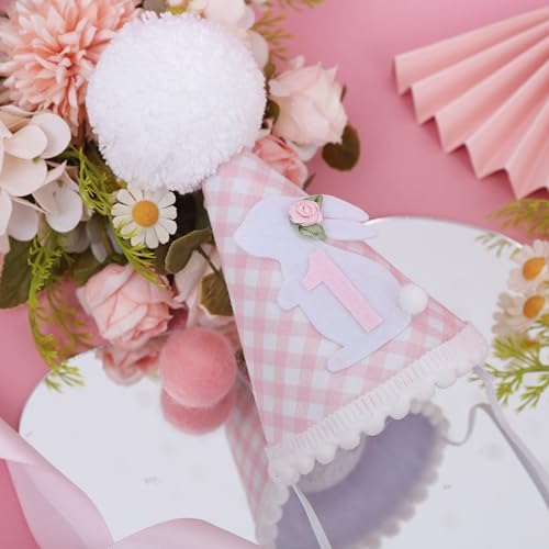 Bunny 1st Birthday Hat for Girls Pink Gingham Party Headwear