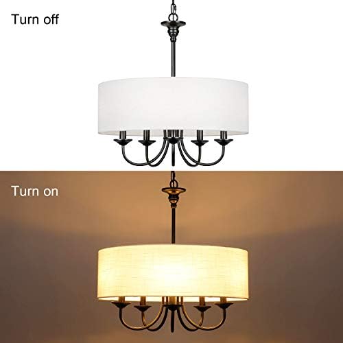 5 Light Traditional Chandelier with White Linen Drum Shade Black and White