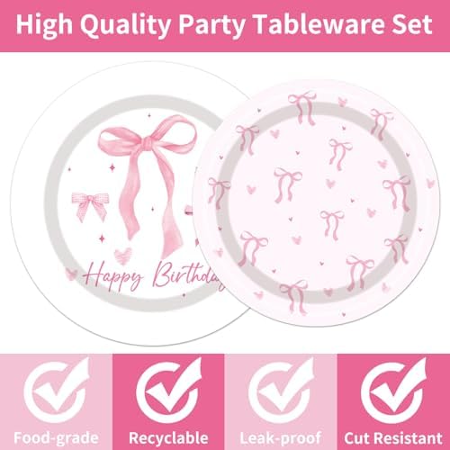 Pink Bow Party Tableware Set 96PCS for 24 Guests