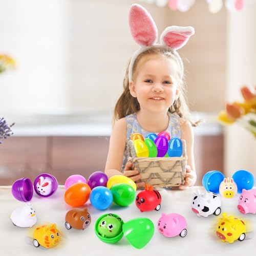 24 Set 48PCS Prefilled Easter Eggs with Mini Animal Cars