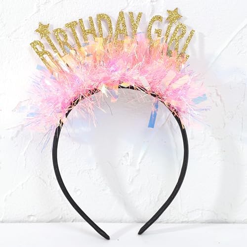 Gold Birthday Girl Headband with Stars and Pink Flowers