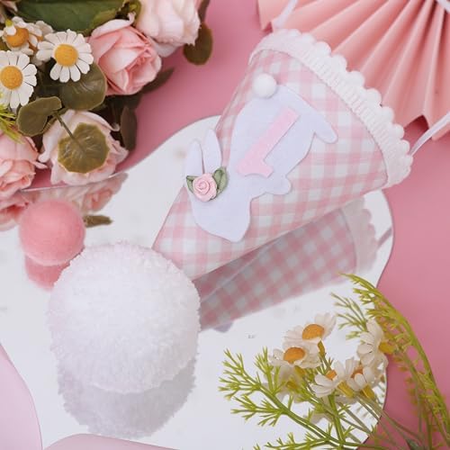 Bunny 1st Birthday Hat for Girls Pink Gingham Party Headwear