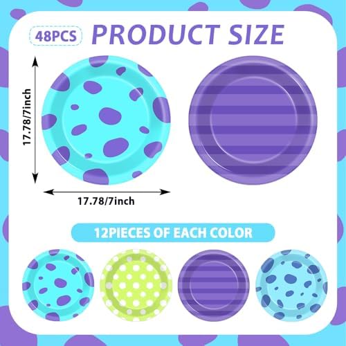 48Pcs Monster Birthday Plates 7 Inch Partyware