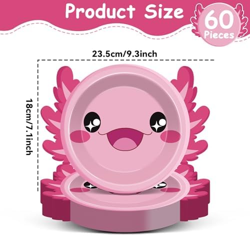 60Pcs Pink Axolotl Shaped Party Plates for Kids Birthday Baby Shower