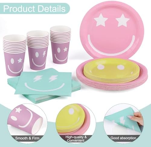 96 Piece Preppy Smiley Face Party Plates Set