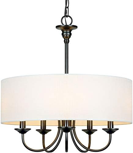 5 Light Traditional Chandelier with White Linen Drum Shade Black and White