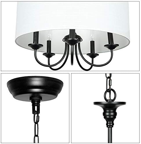 TA Traditional 5 Light Chandelier with White Linen Drum Shades