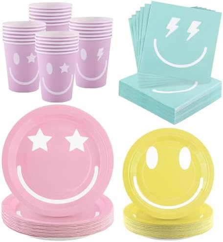 96 Piece Preppy Smiley Face Party Plates Set
