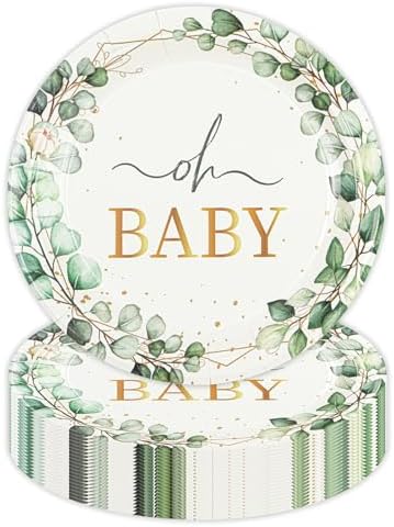 50PCS Sage Green Eucalyptus Baby Shower Plates 7Inch