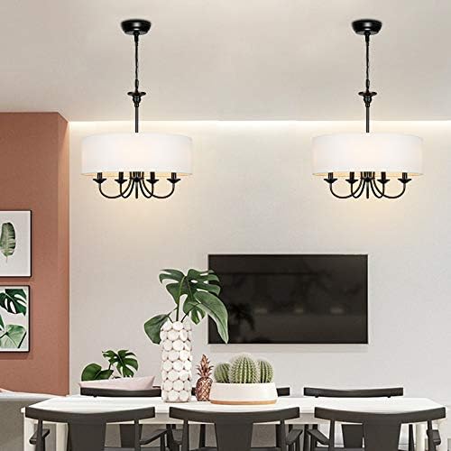 TA Traditional 5 Light Chandelier with White Linen Drum Shades