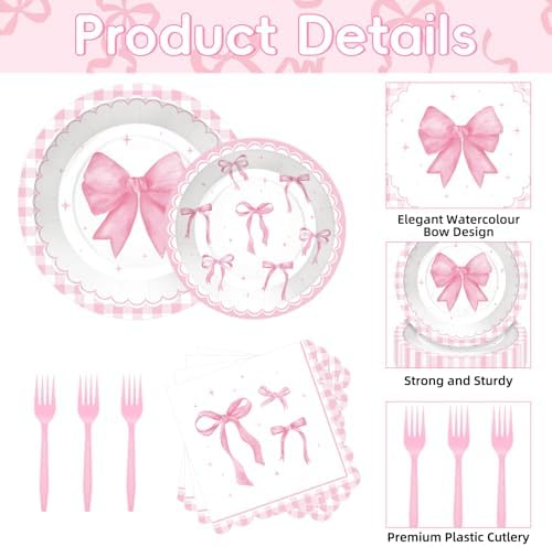100 Pcs Pink Ribbon Bow Party Supplies Set Serves 25