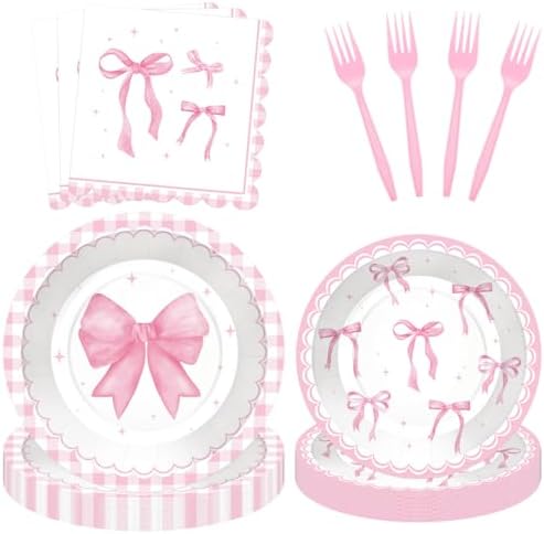 100 Pcs Pink Ribbon Bow Party Supplies Set Serves 25