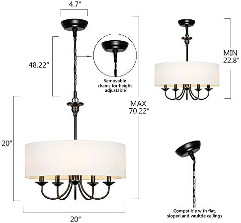 5 Light Traditional Chandelier with White Linen Drum Shade Black and White