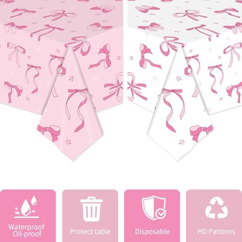 2 Pack Pink Bow Tablecloths 54x108 Inch Birthday Decor