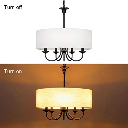 TA Traditional 5 Light Chandelier with White Linen Drum Shades