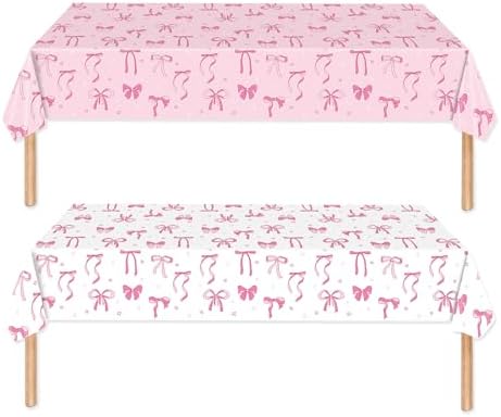 2 Pack Pink Bow Tablecloths 54x108 Inch Birthday Decor