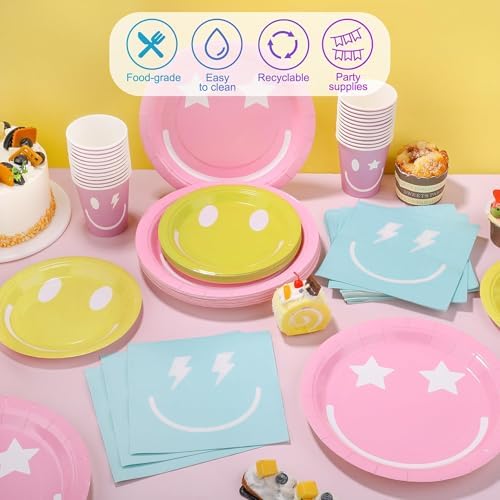 96 Piece Preppy Smiley Face Party Plates Set