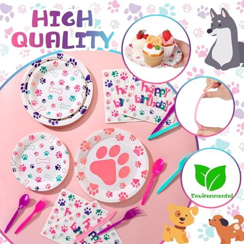 Gejoy 96 Pcs Dog Paw Party Tableware Kit for 24 Guests