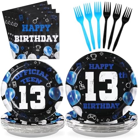 Grencian 13th Birthday Plates for Boys Girls with Blue Black Design