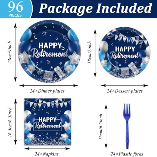 Retirement Party Plates Napkins Set 96 Pcs Blue Silver