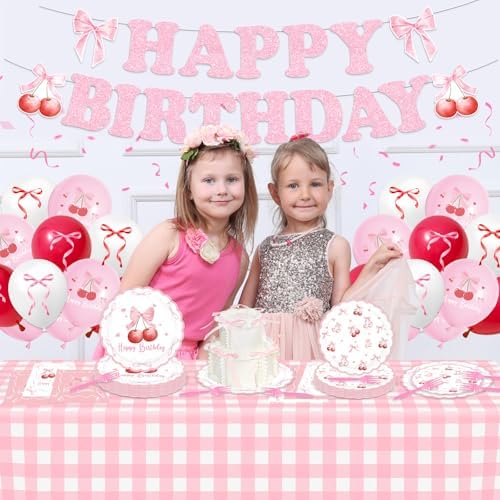 Cherry Birthday Decor Plates Bow Napkins Cups Set