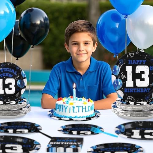 Grencian 13th Birthday Plates for Boys Girls with Blue Black Design