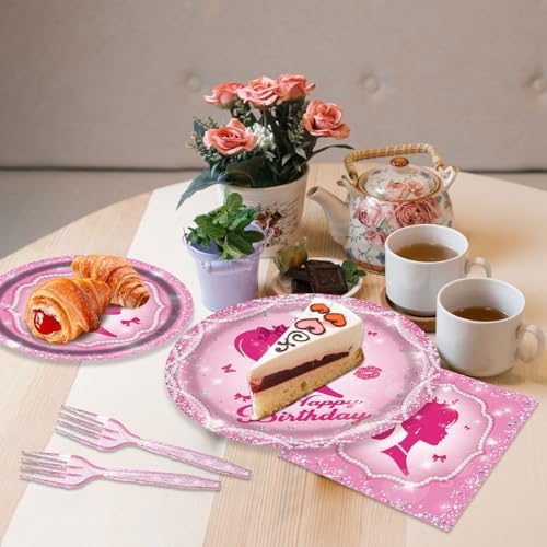 Pink Girl Party Plates and Napkins Set for 24