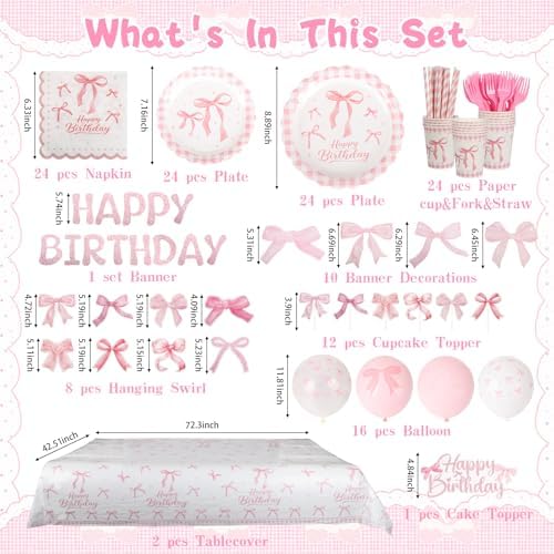 Coquette Birthday Decorations - 192Pcs Pink Bow Party Supplies