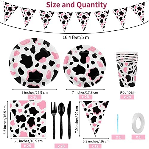 Durony 198 Piece Pink Cow Print Party Tableware Set