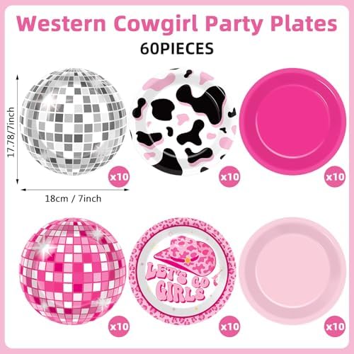 60pcs Hot Pink Disco Cow Print Plates
