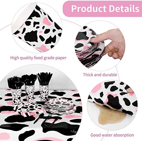 Durony 198 Piece Pink Cow Print Party Tableware Set